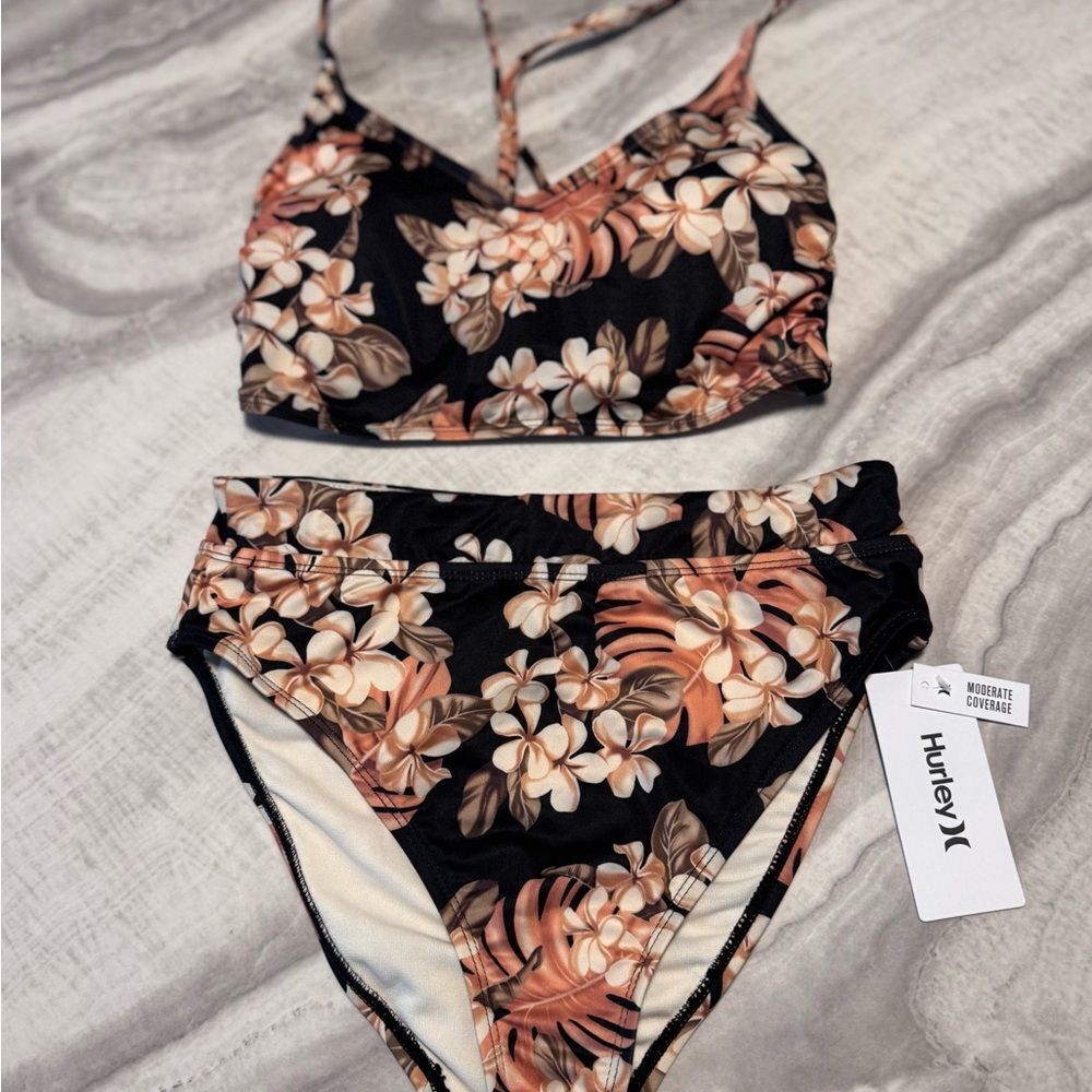 Hurley Women's Tropical Floral Bikini - Black and Tan - Picture 1 of 7